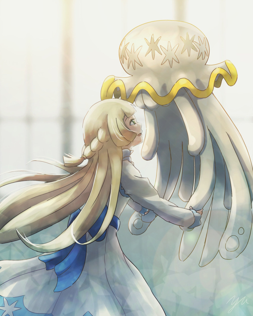 1girl absurdres blonde_hair blurry blurry_background commentary_request dress floating green_eyes highres jellyfish lillie_(pokemon) long_hair nihilego pokemon pokemon_(creature) pokemon_sm white_dress yu_(pocketsun636)