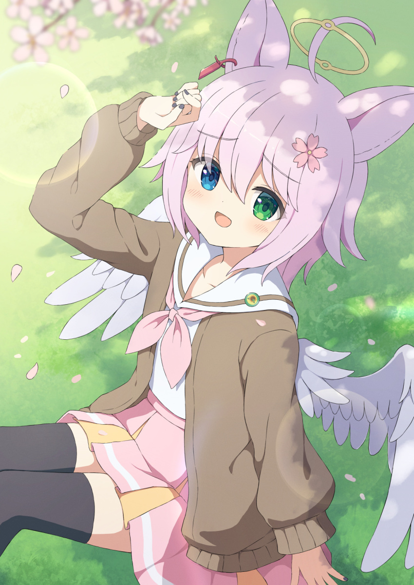 1girl :d ahoge animal_ears black_nails blue_eyes blush brown_cardigan cardigan cherry_blossoms collarbone commission cowboy_shot dappled_sunlight day dot_nose ear_piercing falling_petals feathered_wings flower fox_ears fox_girl from_side grass green_eyes hair_between_eyes hair_flower hair_ornament halo hand_on_own_head heterochromia highres knees_up legs_together lens_flare looking_at_viewer low_wings medium_hair miniskirt nail_polish neckerchief open_cardigan open_clothes open_mouth original outdoors petals piercing pink_flower pink_neckerchief pink_skirt pleated_skirt raised_eyebrows sailor_collar school_uniform serafuku shade shirt sidelocks sitting skeb_commission skirt smile solo sunlight tyakomes variant_set white_sailor_collar white_shirt white_wings wings