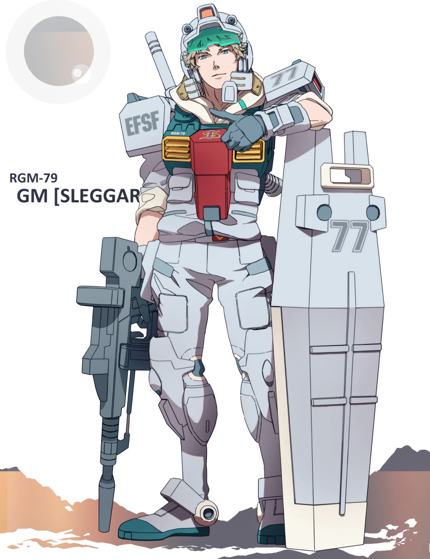 1boy 8823 armor beam_rifle blonde_hair character_name closed_mouth commentary_request earth_federation_space_forces energy_gun gloves gm_(mobile_suit) green_eyes grey_gloves grey_jacket grey_pants gun gundam helmet highres holding holding_gun holding_weapon jacket light_smile looking_at_viewer male_focus mecha_danshi mobile_suit_gundam mobile_suit_gundam_the_origin pants personification planted_shield shield shoulder_armor sleeves_rolled_up solo standing thrusters thumbs_up weapon