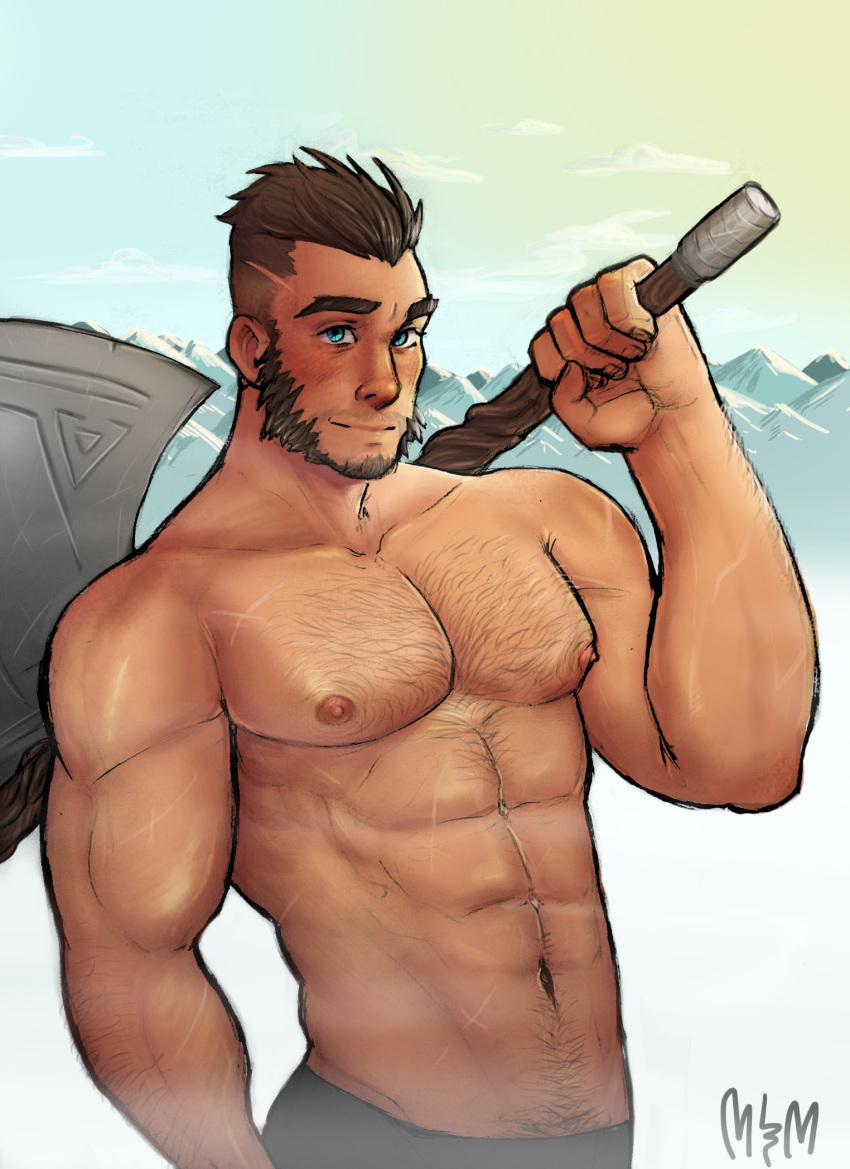 1boy abs alternate_body_hair arm_hair axe bara beard blue_eyes blush brown_hair chest_hair cowboy_shot cross_scar facial_hair gau_(king's_raid) hair_slicked_back hairy highres holding holding_axe king's_raid large_hands large_pectorals long_sideburns looking_at_viewer male_focus mature_male mountainous_horizon mrcmgpntay muscular muscular_male mustache navel navel_hair nipples over_shoulder pectorals scar scar_on_arm scar_on_chest short_hair sideburns smile solo stomach thick_eyebrows topless_male undercut veins veiny_arms weapon weapon_over_shoulder