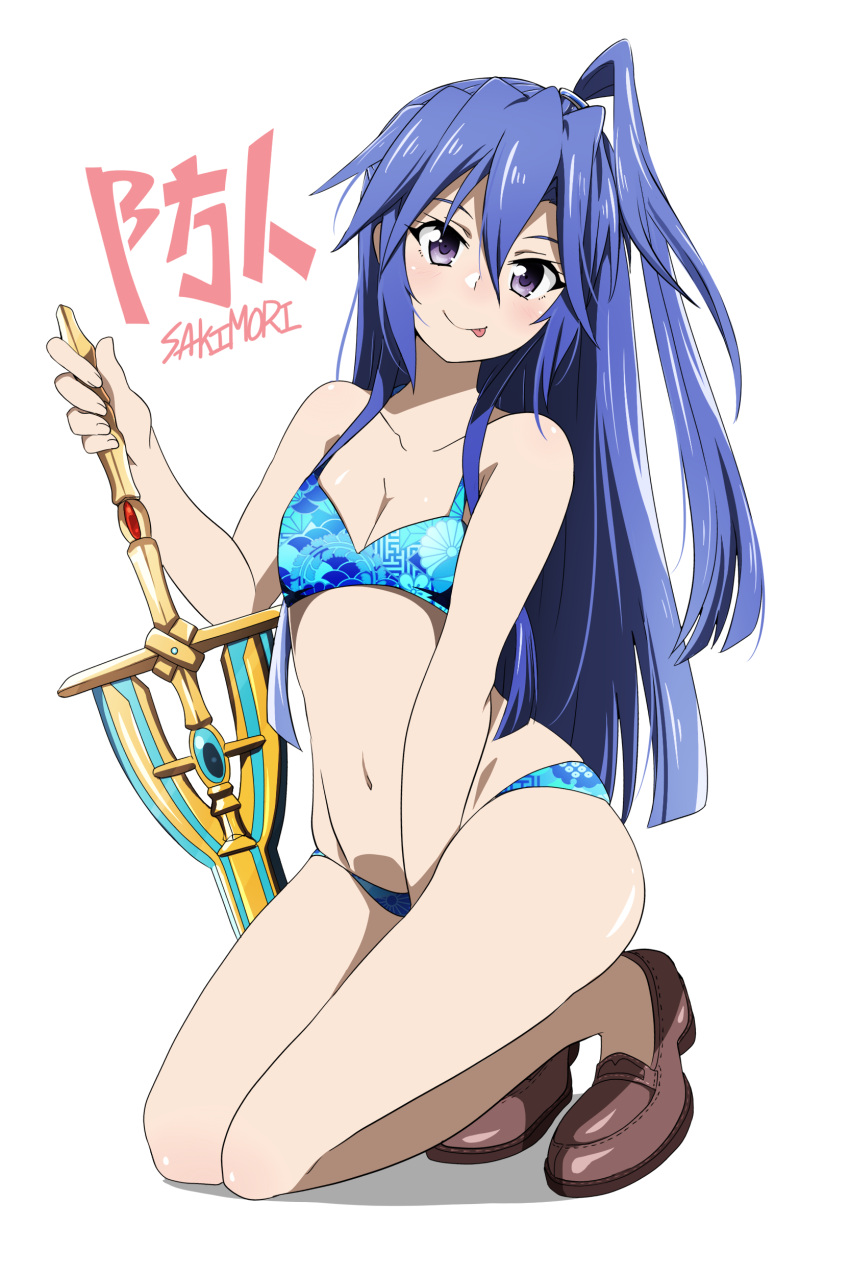 1girl absurdres bikini blue_bikini blue_hair blush breasts commentary_request full_body highres kazanari_tsubasa long_hair looking_at_viewer navel purple_eyes senki_zesshou_symphogear simple_background small_breasts smile solo swimsuit sword tanashi_(mk2) tongue tongue_out weapon white_background