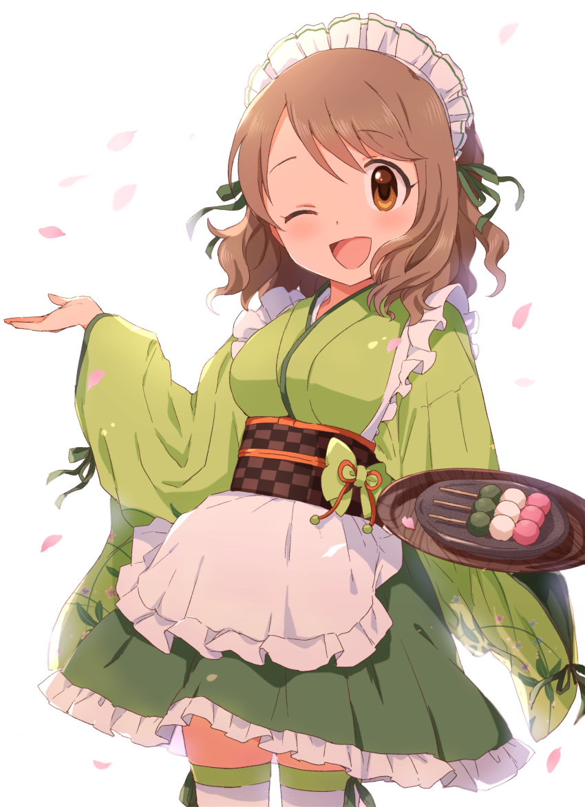 1girl absurdres apron blurry blurry_background breasts brown_eyes brown_hair buchi_(y0u0ri_) checkered_sash cow dango dot_nose dress falling_petals food frilled_apron frilled_skirt frills green_dress green_ribbon hair_ribbon hand_up highres holding holding_tray idolmaster idolmaster_cinderella_girls idolmaster_cinderella_girls_starlight_stage large_breasts long_sleeves looking_at_viewer obi obijime one_eye_closed open_mouth petals plate ribbon ribbon-trimmed_sleeves ribbon-trimmed_thighhighs ribbon_trim sanshoku_dango sash short_hair simple_background skirt smile solo standing thighhighs tray tsukimiya_miyabi wagashi wavy_hair white_apron white_background white_headdress white_thighhighs wide_sleeves