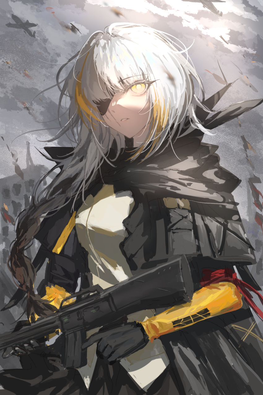 1girl absurdres aircraft airplane assault_rifle bad_gun_anatomy black_cloak black_gloves bomber braid braided_ponytail burning_building chinese_commentary cloak commentary_request commission debris eyepatch girls'_frontline gloves gradient_hair gun highres holding holding_gun holding_weapon looking_at_viewer m16 m16a1_(girls'_frontline) magazine_(weapon) military_vehicle multicolored_hair one_eye_covered overcast rifle ruins scar scar_across_eye scar_on_cheek scar_on_face shirt sky smoke solo streaked_hair upper_body war weapon white_hair xiegegege_gezi yellow_eyes yellow_shirt
