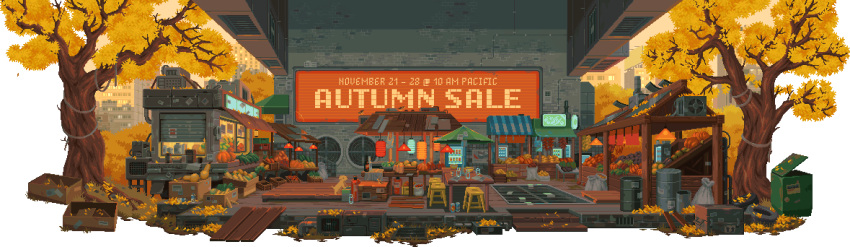 animated animated_gif autumn autumn_leaves bird brick_wall building chair day desk dog falling_leaves food fruit glass_bottle highres lantern leaf light looping_animation market_stall no_humans outdoors pixel_art pumpkin scenery steam_(platform) tire transparent_background tree vegetable yellow_leaves