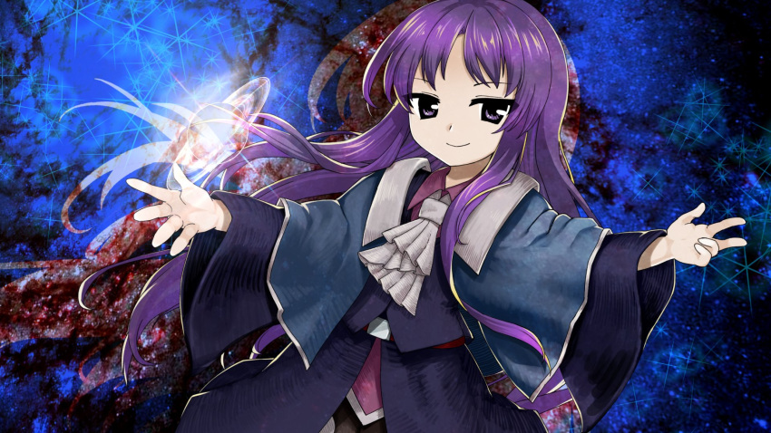 1other androgynous anmita_(rarutos) ascot belt blue_capelet blue_coat capelet clause closed_mouth coat collared_shirt commentary_request highres len'en long_hair long_sleeves looking_at_viewer other_focus outstretched_arms pink_shirt purple_eyes purple_hair red_belt shirt smile solo spread_arms white_ascot wide_sleeves