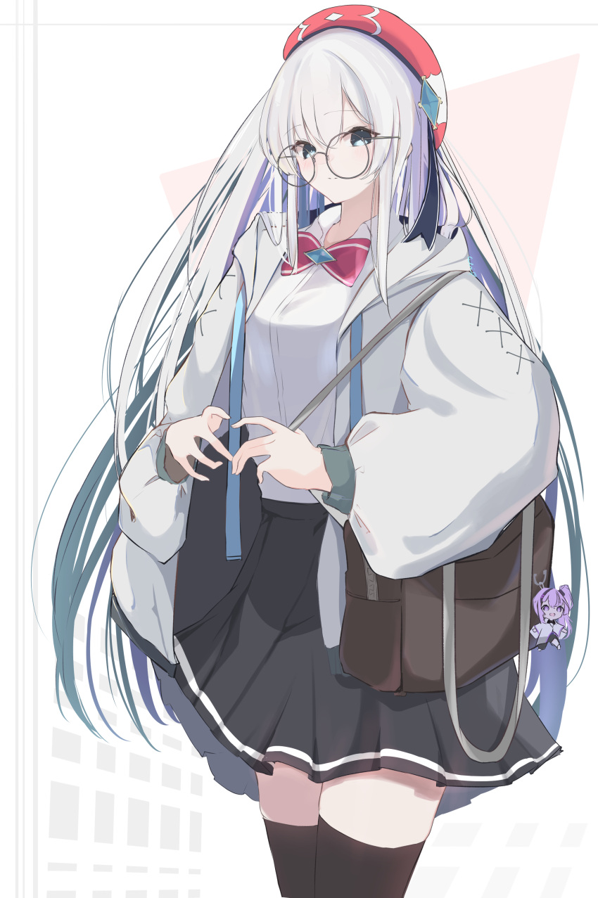 1girl absurdres arcaea bag bag_charm black_skirt black_thighhighs bow bowtie charm_(object) collared_shirt cowboy_shot culumi_0416 glasses grey_eyes highres hikari_(arcaea) hood hood_down hooded_jacket jacket long_hair open_clothes open_jacket parted_lips red_bow red_bowtie red_headwear round_eyewear shirt skirt solo thighhighs very_long_hair white_hair white_jacket white_shirt