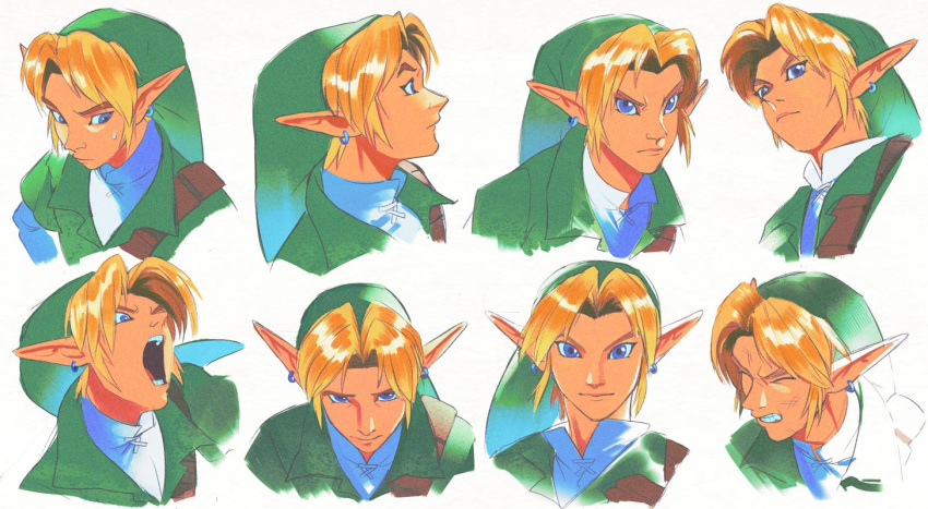 blue_eyes clothed clothing ear_piercing ear_ring eyebrows green_clothing hair humanoid humanoid_pointy_ears hylian link male nintendo not_furry open_mouth piercing ring_piercing solo the_legend_of_zelda uzucake