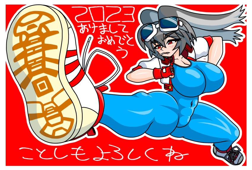 1girl 2023 absurdres animal_ears ass_visible_through_thighs blue_unitard breasts cigarette commentary_request cosplay covered_navel curvy fingerless_gloves flying_kick gloves goggles goggles_on_head grey_hair highres jacket kicking makihara_arina nengajou new_year original plump rabbit_ears red_background shoes skin_tight sneakers solo t360 thick_thighs thighs translation_request waku_waku_7 white_footwear white_jacket