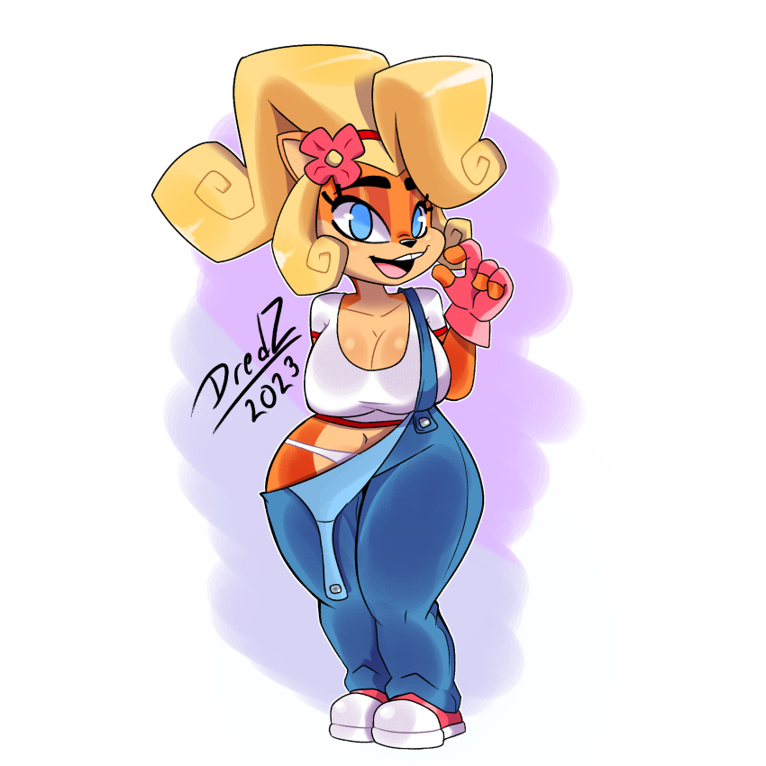 2023 activision anthro bandicoot big_breasts blonde_hair breasts chipxdip clothed clothing coco_bandicoot crash_bandicoot_(series) eyelashes female fur hair hi_res looking_at_viewer mammal marsupial simple_background smile solo teeth thick_thighs