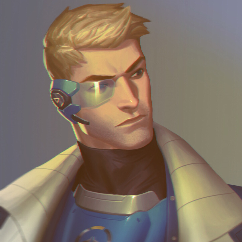 1boy armor blonde_hair blue_eyes grey_background highres jay_risto male_focus overwatch overwatch_(logo) portrait scouter short_hair soldier:_76_(overwatch) solo upper_body