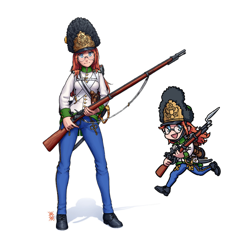 1girl absurdres antique_firearm austria bayonet bearskin_cap bedroll belt black_footwear blue_eyes blue_pants breasts buttons canteen chibi closed_mouth collar commentary cross-laced_footwear firelock flintlock freckles full_body glasses gold_trim green_collar green_wrist_cuffs gun gun_sling hat highres holding holding_gun holding_weapon imperial_austrian_army jacket legs_apart long_hair long_sleeves looking_at_viewer military military_uniform musket open_mouth orange_hair original ostwindprojekt pants pouch round_eyewear running scabbard shadow sheath sheathed shoulder_boards simple_background small_breasts smile solo standing sword uniform weapon white_background white_belt white_jacket