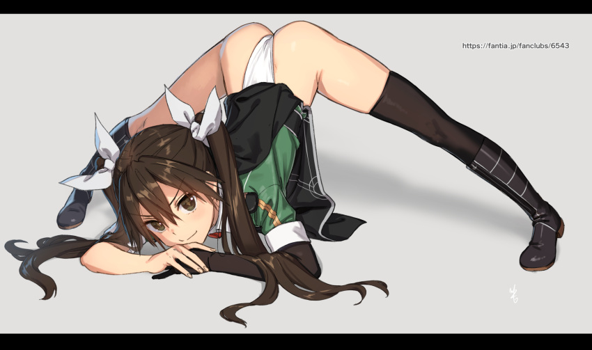 1girl arched_back arm_rest ass black_footwear blush brown_hair closed_mouth elbow_gloves flexible full_body gloves hair_between_eyes hair_ribbon hands_on_ground highleg highleg_panties highres jack-o'_challenge kantai_collection kawakami_rokkaku legs_apart letterboxed long_hair looking_at_viewer meme panties pelvic_curtain revision ribbon simple_background single_elbow_glove single_thighhigh smile solo spread_legs stretching thighhighs tone_(kancolle) tone_kai_ni_(kancolle) top-down_bottom-up twintails underwear white_panties white_ribbon wide_spread_legs