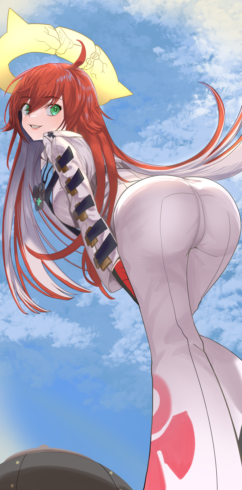 1girl absurdres ahoge ankh ass bell-bottoms breasts colored_inner_hair feet_out_of_frame from_behind from_below green_eyes grin guilty_gear hair_between_eyes halo highres huug jack-o'_valentine leaning_forward long_hair long_sleeves looking_at_viewer looking_back multicolored_hair pants red_hair sky smile solo straitjacket two-tone_gloves very_long_hair white_hair