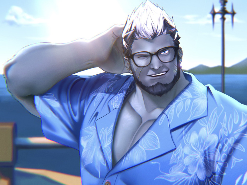 1boy bara beard colored_skin facial_hair ffrmabyss final_fantasy final_fantasy_xiv glasses gradient_hair grey_skin large_pectorals looking_at_viewer male_focus mature_male multicolored_hair muscular muscular_male one_eye_closed pectorals roegadyn short_hair solo thick_eyebrows upper_body warrior_of_light_(ff14)