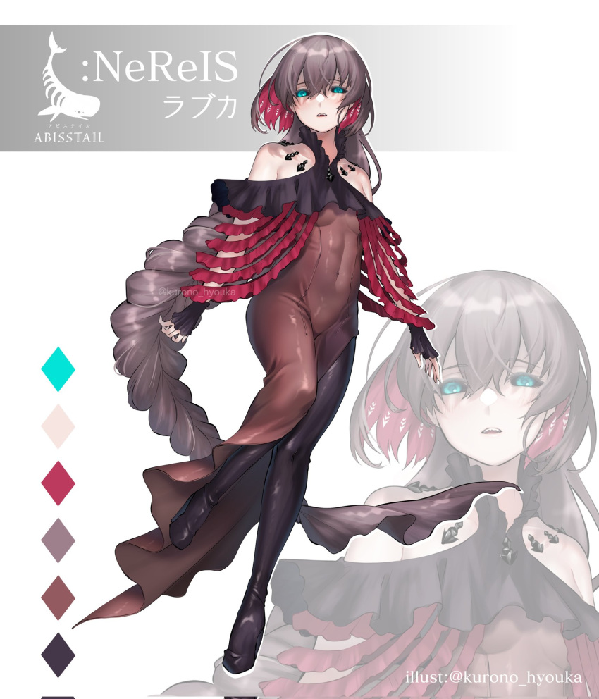 1girl arms_at_sides bare_shoulders black_sclera blue_eyes boots braid breasts brown_hair color_guide colored_inner_hair colored_sclera commentary_request covered_navel dress frilled_shark frilled_wrist_cuffs frills full_body high_heel_boots high_heels highres kurono_hyouka long_hair looking_at_viewer multicolored_hair original personification red_hair shark shark_girl small_breasts solo teeth two-tone_hair upper_teeth_only very_long_hair wrist_cuffs zoom_layer