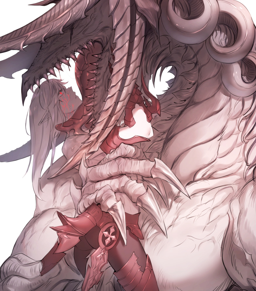 2019 anthro armor bodily_fluids butt dragon dripping duo elezen elf estinien estinien_varlineau final_fantasy final_fantasy_xiv glowing glowing_markings hair hi_res humanoid licking long_hair malesharp_teeth mammal markings nidhogg_(ffxiv) pecs red_eyes size_difference square_enix teeth tongue tongue_out white_hair