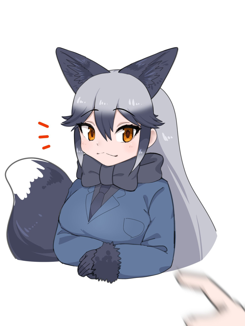 1girl animal_ears aramaru black_gloves black_hair blush bow bowtie extra_ears fox_ears fox_tail fur_trim gloves grey_hair highres jacket kemono_friends kemono_friends_3 long_hair long_sleeves looking_at_viewer meme multicolored_hair notice_lines silver_fox_(kemono_friends) tail