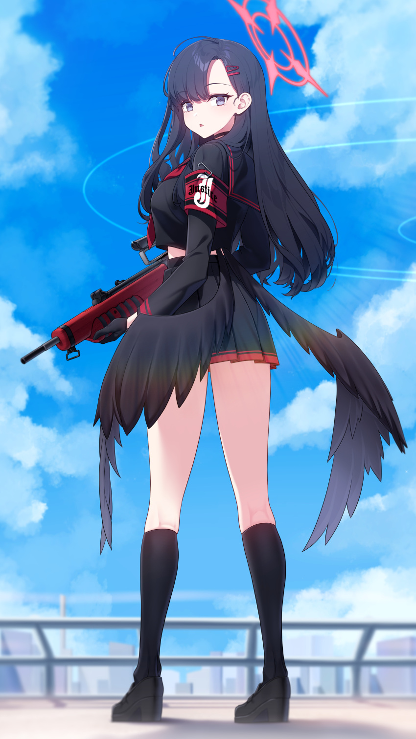 1girl absurdres armband black_choker black_footwear black_gloves black_hair black_serafuku black_skirt black_socks black_wings blue_archive blush choker feathered_wings full_body gloves grey_eyes gun halo highres holding holding_gun holding_weapon ichika_(blue_archive) long_hair long_sleeves looking_at_viewer low_wings narynn parted_lips pleated_skirt red_halo safety_pin school_uniform serafuku shoes skirt socks solo weapon wings