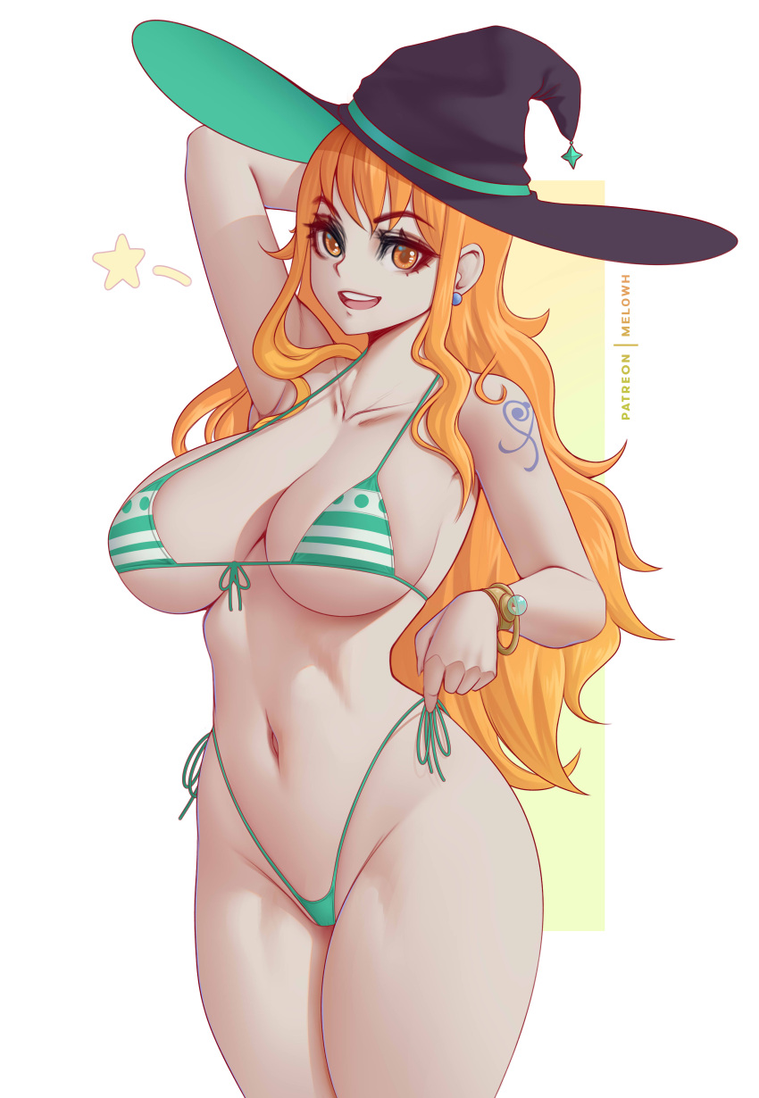 1girl :d absurdres arm_up bikini bracelet breasts collarbone cowboy_shot earrings green_bikini groin hat highres jewelry large_breasts log_pose long_hair looking_at_viewer melowh micro_bikini nami_(one_piece) navel one_piece open_mouth orange_eyes orange_hair pearl_earrings shoulder_tattoo skindentation smile solo stomach strap_gap swimsuit tattoo teeth wavy_hair witch_hat