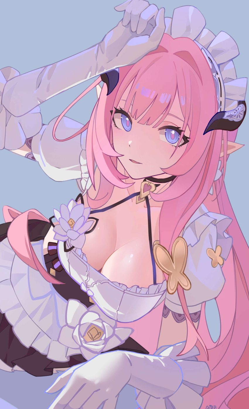 1girl absurdres ai_dongdong apron arm_up black_choker black_skirt blue_eyes breasts choker cleavage commentary_request cowboy_shot elbow_gloves elf elysia_(honkai_impact) elysia_(miss_pink_elf)_(honkai_impact) frills gloves highres honkai_(series) honkai_impact_3rd horns long_hair looking_at_viewer maid maid_headdress open_mouth pink_hair pink_pupils pointy_ears puffy_short_sleeves puffy_sleeves short_sleeves skirt smile solo very_long_hair white_apron white_gloves