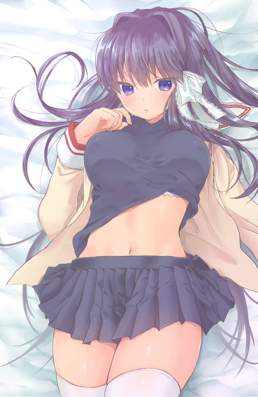 1girl bed_sheet blue_shirt blue_skirt blush breasts clannad closed_mouth clothes_lift commentary_request curvy eyelashes eyes_visible_through_hair frilled_ribbon frills frown fujibayashi_kyou furrowed_brow groin hair_between_eyes hair_intakes hair_ribbon hair_spread_out hand_up highres hikarizaka_private_high_school_uniform jacket large_breasts lips long_hair long_sleeves looking_down lying miniskirt navel on_back open_clothes open_jacket pleated_skirt purple_eyes purple_hair puya ribbon sailor_collar school_uniform shiny_skin shirt shirt_lift skirt solo stomach straight_hair sweat thighhighs thighs very_long_hair white_ribbon white_sailor_collar white_thighhighs yellow_jacket zettai_ryouiki