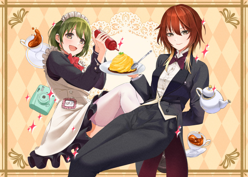 2girls absurdres aketa_mikoto alternate_costume black_dress black_suit black_tea blush butler crossdressing cup dress enmaided female_butler food highres holding holding_tray idolmaster idolmaster_shiny_colors kaiso_(kaisooekaki) looking_at_viewer maid maid_headdress multiple_girls nanakusa_nichika omelet polaroid rhombus_background shhis_(idolmaster) smile suit tailcoat tea teacup teapot tray