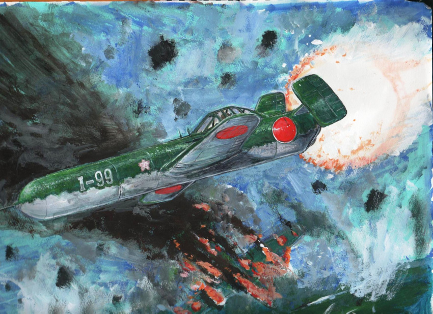 aircraft airplane anago-san battle bomber burning damaged explosion fire flying g4m highres imperial_japanese_navy japan military military_vehicle no_humans ocean ohka_(weapon) painting_(medium) realistic rocket scan smoke the_cockpit the_cockpit:_sonic_boom_squadron traditional_media water