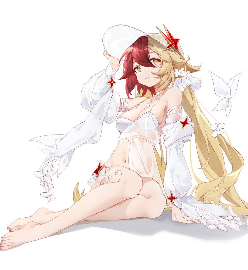 1girl absurdres alchemy_stars arm_support bare_shoulders barefoot bikini blonde_hair breasts cleavage closed_mouth detached_sleeves gronru_(alchemy_stars) gronru_(day_at_the_aquarium)_(alchemy_stars) hand_on_headwear hat highres kirschma looking_at_viewer low_twintails multicolored_hair navel red_hair simple_background sitting small_breasts smile solo sun_hat swimsuit swimsuit_cover-up toes twintails two-tone_hair white_background white_bikini white_headwear yellow_eyes yokozuwari