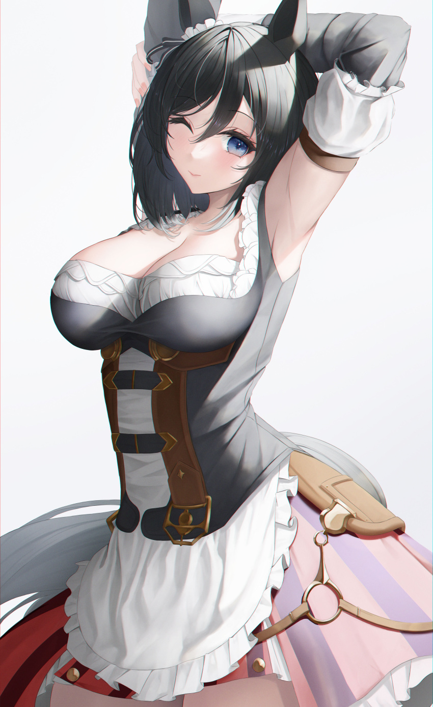 1girl absurdres animal_ears armpits arms_up blue_eyes blush bob_cut bodice breasts bsmage choker cleavage closed_mouth commentary cowboy_shot detached_sleeves dirndl dress ear_ornament ear_scrunchie eishin_flash_(umamusume) frilled_dress frills german_clothes highres horse_ears horse_girl horse_tail large_breasts long_sleeves one_eye_closed red_choker scrunchie simple_background smile solo symbol-only_commentary tail umamusume white_background white_scrunchie