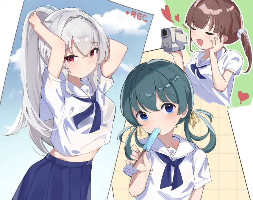 3girls :d absurdres adjusting_hair blue_eyes blue_neckerchief blue_skirt blush breasts brown_hair camcorder closed_eyes cowboy_shot cropped_torso dot_nose eating facing_another food green_hair hair_between_eyes hair_intakes hair_ribbon hand_on_own_cheek hand_on_own_face hands_in_hair heart high_ponytail highres holding holding_camcorder holding_food holding_popsicle idoly_pride long_hair looking_at_viewer low_twintails medium_breasts midriff multiple_girls neckerchief okuyama_sumire ooho0216 open_mouth pleated_skirt popsicle recording red_eyes ribbon sailor_collar school_uniform serafuku shirt shirt_overhang short_sleeves short_twintails sidelocks skirt smile suzumura_yuu sweat tendou_rui trinityaile twintails video_camera white_hair white_sailor_collar white_shirt yellow_ribbon