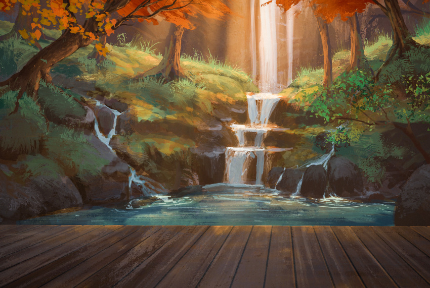 boardwalk grass highres no_humans original outdoors procreate_(medium) rajawat rock scenery tree water waterfall wood