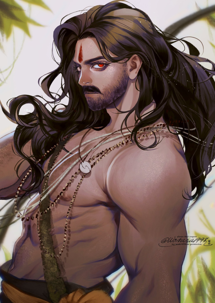 1boy abs bara beard character_request chest_hair dark-skinned_male dark_skin facial_hair facial_mark forehead_mark from_side highres indian large_pectorals long_hair looking_at_viewer male_focus mature_male muscular muscular_male nipples pectorals red_eyes rrr_(movie) serious solo stomach thick_eyebrows thick_mustache topless_male upper_body wosara