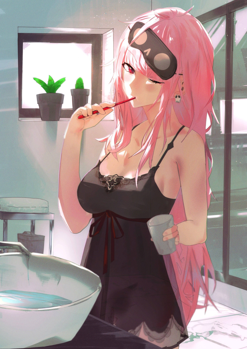 1girl absurdres bathroom black_nightgown blush breasts brushing_teeth cup earrings highres holding holding_cup holding_toothbrush hololive hololive_english indoors jewelry large_breasts long_hair looking_at_viewer lupo_(lupoyorosiku) mask mask_on_head messy_hair mori_calliope mori_calliope_(6th_costume) nightgown one_eye_closed pink_hair plant potted_plant red_eyes single_earring sink skull_earrings sleep_mask solo toothbrush virtual_youtuber water