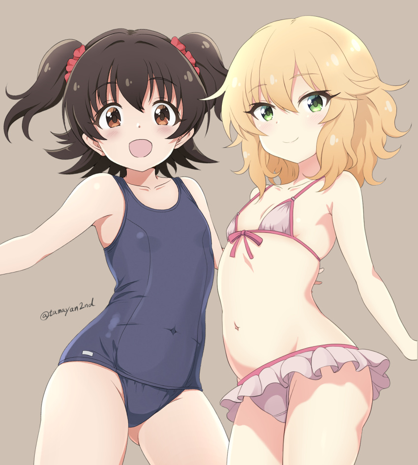 2girls akagi_miria artist_name bikini blonde_hair blue_one-piece_swimsuit breasts brown_background brown_eyes brown_hair closed_mouth collarbone commentary_request covered_navel cowboy_shot eyelashes flat_chest green_eyes highres idolmaster idolmaster_cinderella_girls idolmaster_cinderella_girls_u149 looking_at_viewer multiple_girls navel one-piece_swimsuit open_mouth pink_bikini sakurai_momoka school_swimsuit short_hair simple_background small_breasts smile solo standing stomach swimsuit tamayan twitter_username two_side_up white_bikini