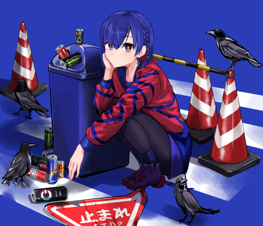 1girl arm_on_knee bird black_pantyhose blue_background blue_eyes blue_hair blue_jacket blue_shirt blue_skirt boots boss_coffee braid can canned_coffee coca-cola colored_inner_hair commentary_request crosswalk crow diamond_earrings earrings energy_drink english_text expressionless full_body hand_on_own_chin hand_up head_rest hood hood_down hooded_jacket jacket jewelry kuronosu_(yamada1230) looking_at_viewer monster_energy multicolored_clothes multicolored_eyes multicolored_hair multicolored_jacket pantyhose red_bull red_eyes red_hair red_jacket rim_(kamitsubaki_studio) road_sign shirt short_hair side_braid sign single_earring skirt soda_can solo squatting stop_sign traffic_barrier traffic_cone trash_can virtual_youtuber yellow_pupils zone_(energy_drink)