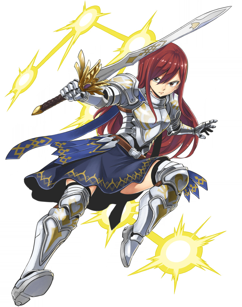 1girl armor belt blue_skirt boots breastplate brown_belt brown_hair crossover erza_scarlet fairy_tail full_body gate_of_nightmares gauntlets highres holding holding_sword holding_weapon long_hair looking_at_viewer mashima_hiro official_art pauldrons red_hair shoulder_armor skirt solo sword weapon