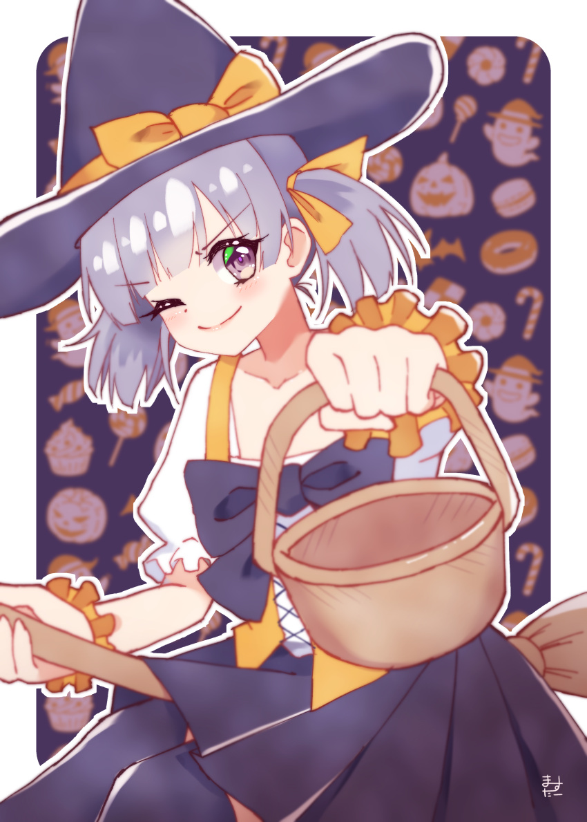 1girl absurdres alternate_costume basket black_headwear bodice broom cowboy_shot grey_hair halloween hat highres kantai_collection master_(momitai7) medium_hair one_eye_closed ooshio_(kancolle) purple_eyes shirt smile solo white_shirt witch witch_hat