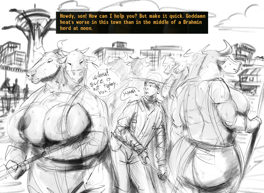 2_heads anthro areola areola_slip bethesda_softworks big_breasts bovid bovine brahmin_(fallout) breasts cleavage clothed clothing doctordj fallout farm farmer female group hi_res horn huge_breasts human male mammal monochrome multi_head nipple_slip nipples wide_hips