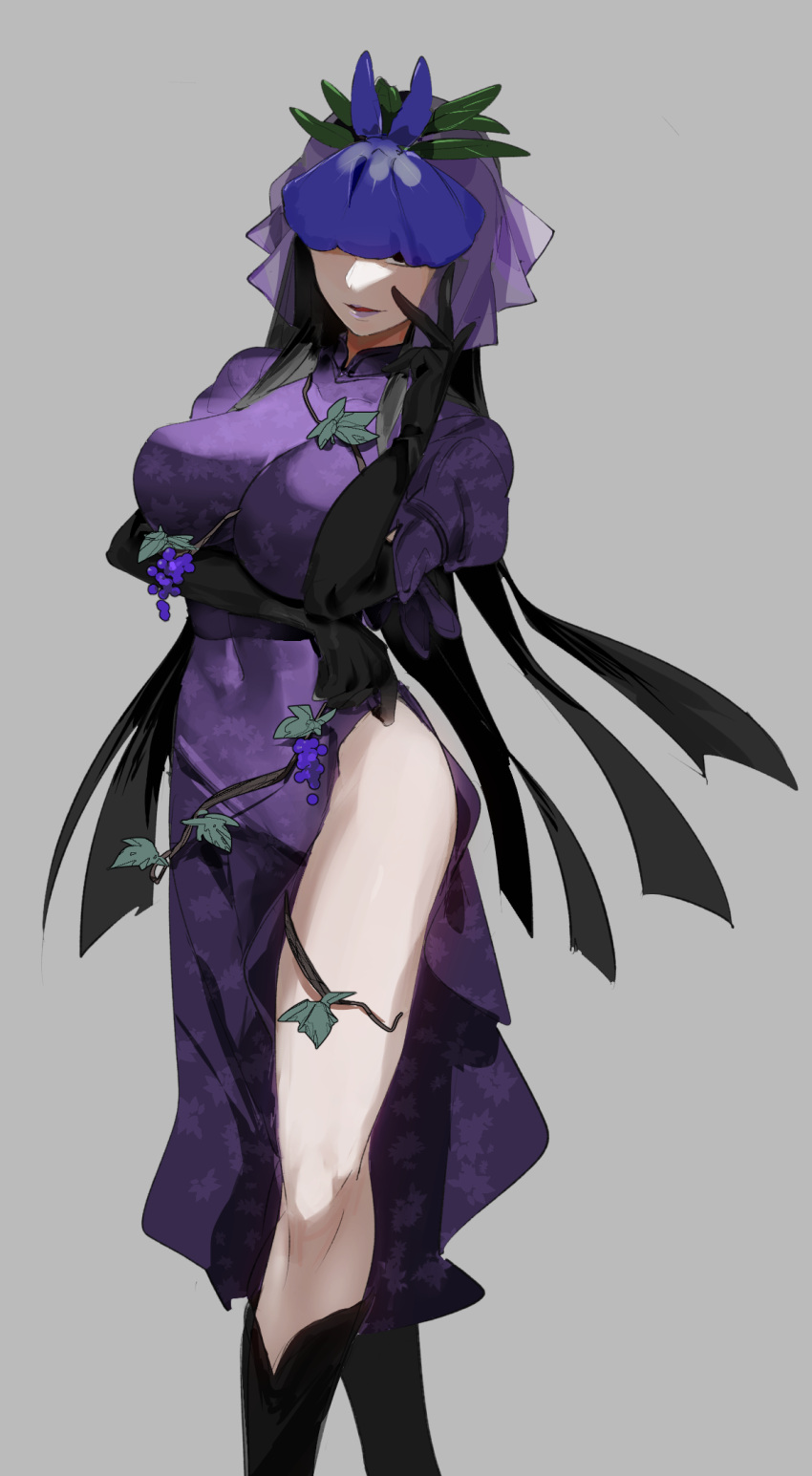 1girl black_footwear black_gloves black_hair boots breasts chamaruk china_dress chinese_clothes dress elbow_gloves feet_out_of_frame flower flower_on_head gloves grey_background highres knee_boots large_breasts lips long_hair open_mouth plant purple_dress purple_flower short_sleeves simple_background solo thighs touhou vines yomotsu_hisami