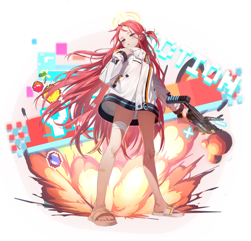 1girl 2t_(vmyz7342) absurdres blue_archive blue_eyes blush english_text explosion feet forehead full_body grenade_launcher gun halo hand_up highres holding jacket legs long_hair looking_at_viewer m320 no_pants one_side_up oversized_clothes parted_bangs parted_lips red_hair sandals shadow shiny_skin solo standing toenails toes weapon white_background white_jacket yuzu_(blue_archive)