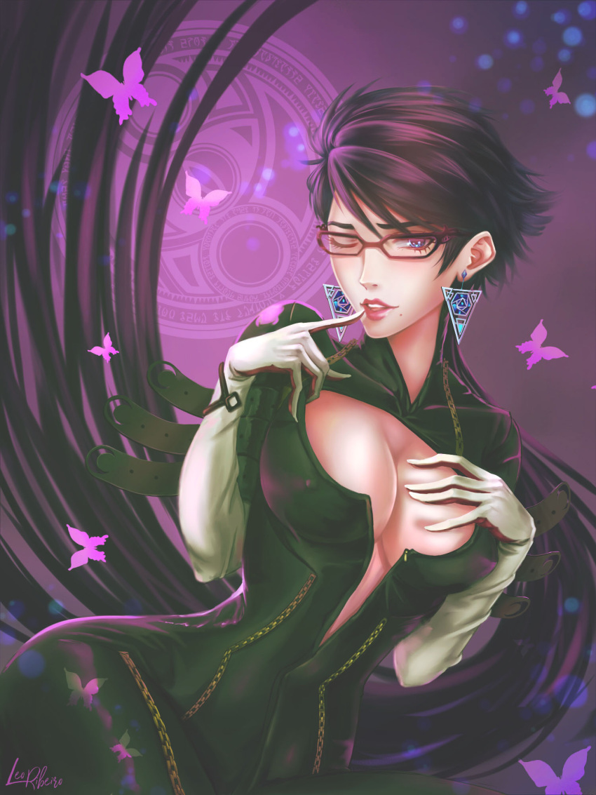 1girl bayonetta bayonetta_(series) bayonetta_2 black_bodysuit black_hair bodysuit breasts bug butterfly cleavage cleavage_cutout clothing_cutout earrings finger_to_mouth glasses gloves hand_on_own_chest highres jewelry large_breasts leofoxart lips lipstick looking_at_viewer makeup mole mole_under_mouth one_eye_closed parted_lips partially_unzipped purple_background short_hair signature solo triangle_earrings white_gloves