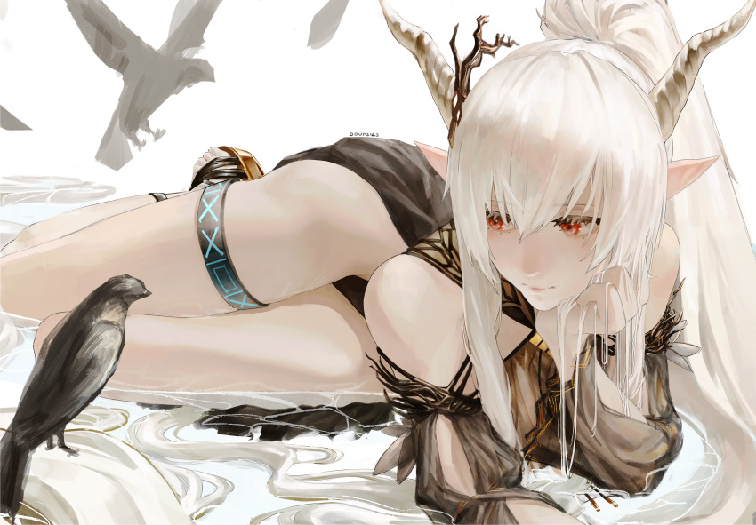 1girl absurdres arknights arm_rest artist_name bare_shoulders bird black_one-piece_swimsuit bounsies commentary detached_sleeves expressionless hair_between_eyes highres horns infection_monitor_(arknights) long_hair looking_at_animal looking_to_the_side lying lying_on_water official_alternate_costume on_side one-piece_swimsuit pointy_ears ponytail red_eyes sandals shining_(arknights) shining_(silent_night)_(arknights) solo swimsuit thigh_strap thighs very_long_hair water white_background white_hair