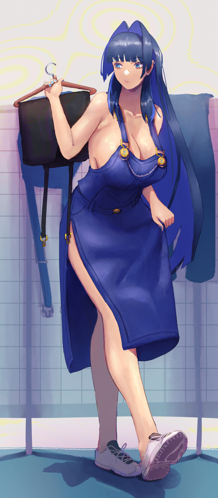 1girl absurdres blue_eyes blue_hair blue_nails blue_overalls blunt_bangs breasts changing_clothes cleavage closed_mouth clothes_hanger collarbone erasorpepero full_body hair_intakes highres holding_clothes_hanger hololive hololive_english large_breasts long_hair ouro_kronii overalls shoes sidelocks sneakers solo very_long_hair virtual_youtuber