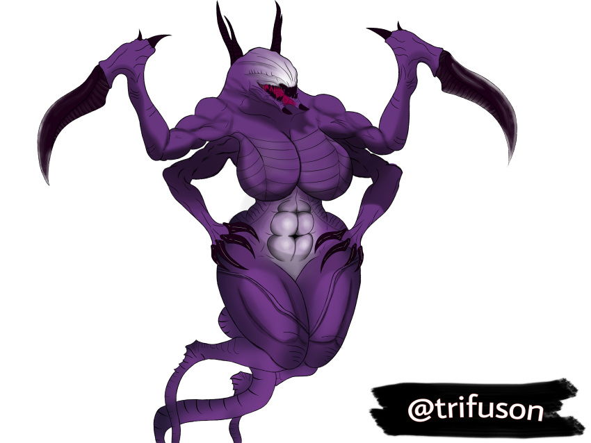 4_arms abs absurd_res alien alien_humanoid arm_blades big_breasts breasts claws evolve_(copyright) eyeless featureless_breasts featureless_crotch female hand_on_hip hi_res huge_breasts humanoid multi_arm multi_limb muscular muscular_female navel purple_body sharp_claws sharp_teeth simple_background solo split_jaw teeth thick_thighs trifuson white_background white_body wide_hips wraith_(evolve)