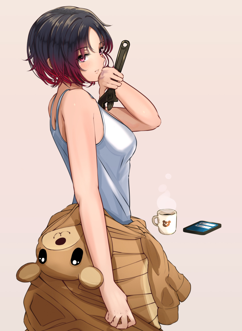 1girl adjustable_wrench bare_shoulders black_hair breasts cellphone cup from_side gradient_hair hamster_costume hatogayar highres holding holding_wrench kisaragi_ren_(vtuber) looking_at_viewer medium_breasts mug multicolored_hair parted_bangs parted_lips phone red_eyes red_hair short_hair simple_background smartphone solo tank_top virtual_youtuber vspo! white_background white_tank_top wiping_sweat wrench