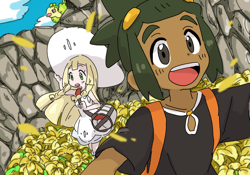 1boy 1girl anatyanman backpack bag black_shirt blonde_hair dark-skinned_male dark_skin dress falling_petals field flower flower_field green_eyes green_hair hat hau_(pokemon) highres lillie_(pokemon) open_mouth oricorio oricorio_(pom-pom) petals pokemon pokemon_(creature) pokemon_(game) pokemon_sm shirt sun_hat white_dress yellow_flower