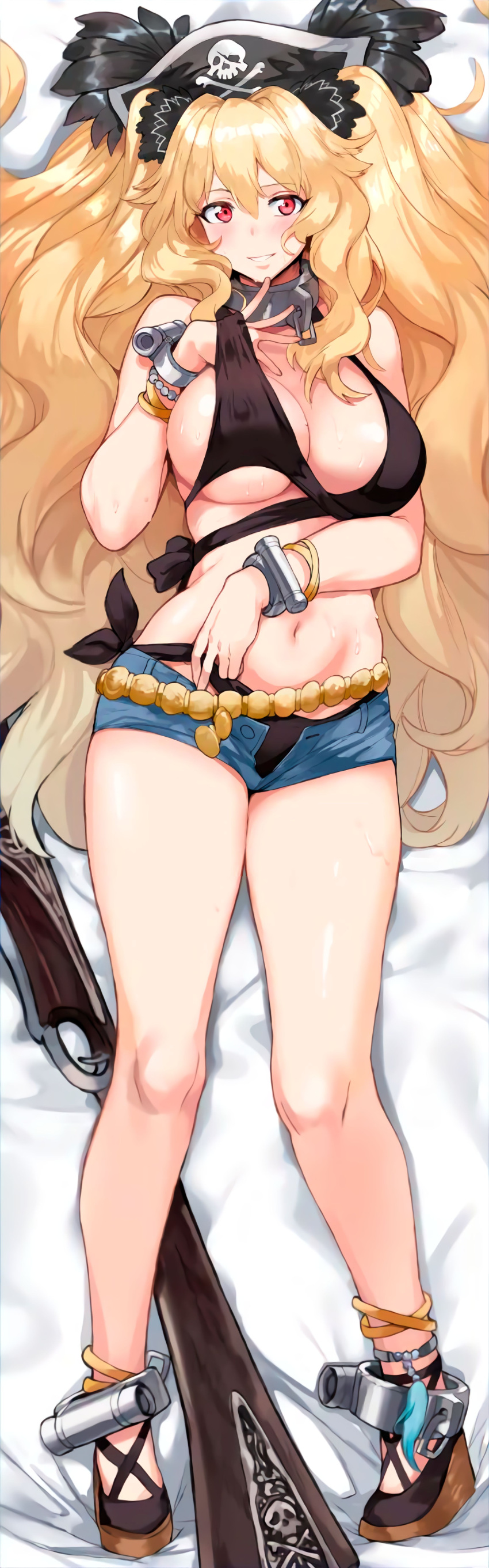 absurdres anne_bonny_(fate) anne_bonny_(swimsuit_archer)_(fate) anne_bonny_(swimsuit_archer)_(first_ascension)_(fate) bikini black_bikini blonde_hair breasts collar fate/grand_order fate_(series) hat hews highres huge_weapon large_breasts looking_at_viewer metal_collar non-web_source pirate pirate_hat red_eyes smile swimsuit weapon