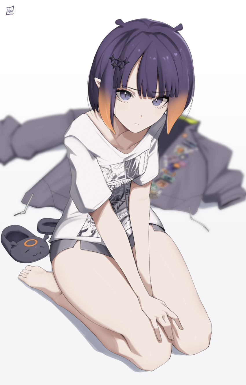 1girl absurdres black_shorts blue_eyes breasts highres hololive hololive_english hood hoodie hoodie_removed ninomae_ina'nis ninomae_ina'nis_(5th_costume) o22no parted_bangs pixie_cut pointy_ears purple_footwear purple_hair purple_hood purple_hoodie shirt short_hair short_shorts shorts slippers slippers_removed small_breasts solo swept_bangs t-shirt tentacle_hair virtual_youtuber white_shirt