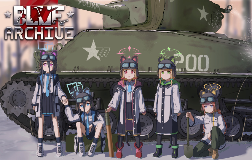 &lt;key&gt;_(blue_archive) 5girls absurdly_long_hair absurdres animal_ear_headwear aris_(blue_archive) black_footwear black_hair black_pants black_skirt black_socks black_thighhighs blonde_hair blue_archive blue_eyes blue_necktie cat_tail collared_shirt dsfr game_development_department_(blue_archive) green_eyes green_halo halo highres jacket long_hair long_sleeves looking_at_viewer midori_(blue_archive) military_vehicle momoi_(blue_archive) motor_vehicle multiple_girls necktie open_clothes open_jacket open_mouth orange_footwear orange_halo pants pink_halo pleated_skirt purple_eyes red_eyes red_footwear red_hair shirt short_hair siblings sisters skirt socks tail tank thighhighs twins two-sided_fabric two-sided_jacket very_long_hair war_thunder white_footwear white_jacket white_shirt yuzu_(blue_archive)