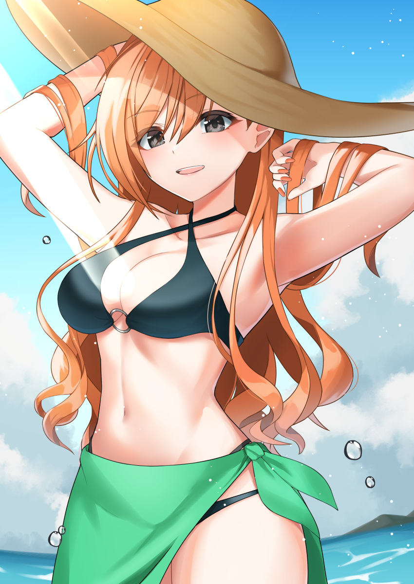 1girl absurdres arisugawa_natsuha arms_up bikini black_bikini black_eyes blue_sky breasts brown_headwear camellia_90 cleavage collarbone cowboy_shot criss-cross_halter day green_sarong halterneck hand_in_own_hair hat highres idolmaster idolmaster_shiny_colors long_hair looking_at_viewer medium_breasts navel o-ring o-ring_bikini ocean open_mouth orange_hair outdoors sarong sky smile solo stomach sun_hat swimsuit